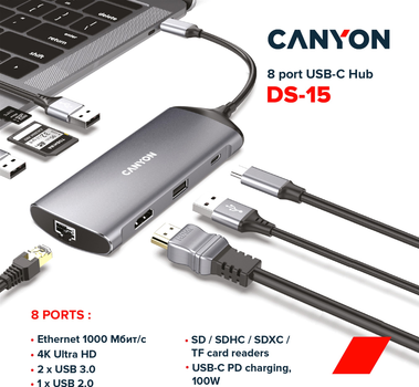 USB-hub Canyon 8 port USB-C Hub DS-15 Szary (CNS-TDS15)