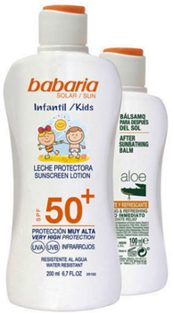 Zestaw Babaria Sun Kids Przeciwsłoneczny balsam Water Resistant SPF50 200 ml + Balsam po opalaniu Aloe Vera 100 ml (8410412705288)