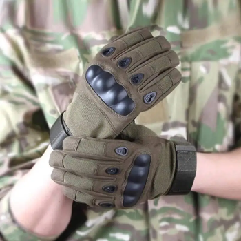 Перчатки полнопалые тактические для военных закрытого типа с защитой на костяшках пальцев и на липучке Хаки
