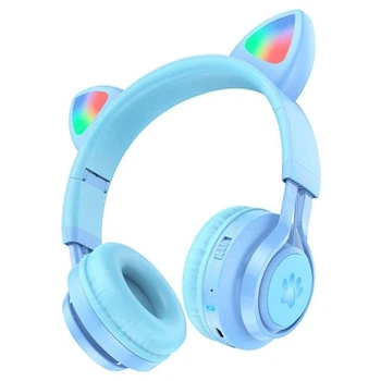 Дитячі бездротові навушники Hoco W39 "Котячі вушка" kids RGB підсвітка Блакитний