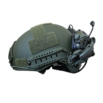 Баллистическая шлем-каска Fast цвета олива стандарта NATO (NIJ 3A) M/L + наушники М32 (с микрофоном) и креплением "Чебурашка"