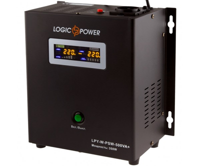 Джерело безперебійного живлення LogicPower LPY-W-PSW-500VA+ (350Вт)5A/10A, Lin.int., AVR, 1 x евро, LCD, метал, з правильною синусоїдою 12V, настінний