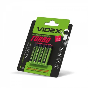Батарейка лужна Videx LR03/AAA Turbo 4шт BLISTER (40/720) (LR03T/AAA 4B)