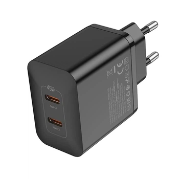 Мережевий зарядний пристрій Hoco N35, 2 Type-C, PD 45W, чорний