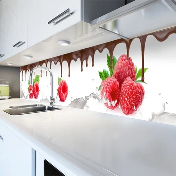 Кухонный фартук Скинали Малина Шоколад (виниловая наклейка для кухни ПВХ пленка ) красные Ягоды Белый 60х200 см