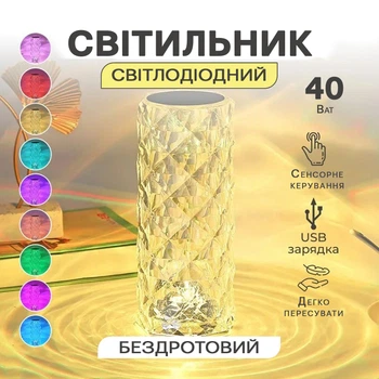 Настільна лампа Кристал A-plus Crystal-Rose сенсорне керування, 16 кольорів світла, 4 режими + Пульт управління