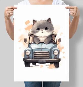 Постер Motivator для дитячої кімнати Котик їде на авто А3 30х42 см (D105_А3)