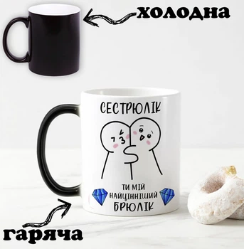 Черная чашка хамелеон с надписью "Сестрюлик, ты мой самый ценный брюлик" 330 мл