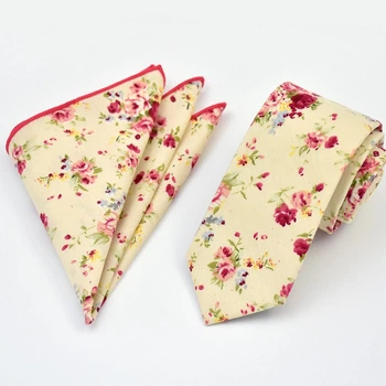 Галстук Bow Tie House Basic узкий бежевый хлопковый с розовым + платок 09091 09091