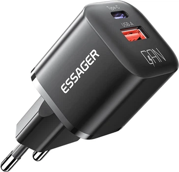Зарядное устройство Essager Camber 20W GaN travel Phone Charger USB A + Type C EU Black (ECTAC-HMB01-P)