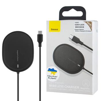 Магнітна бездротова зарядка Baseus Light для IP12, кабель Type‑C 1.5 м, чорна