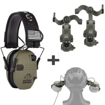 Активные наушники складные для защиты органов слуха Walker's Razor с креплениями OPS Core Чебурашки на баллистический шлем в комплекте оливковые