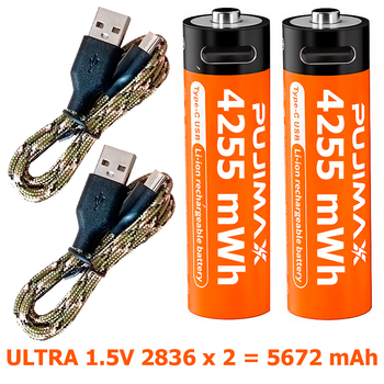 2 шт Li-Ion 1.5V AA аккумулятор 4255mWh (2600 mAh) PUJIMAX EXTRIME USB-C 1500 циклов + кабель Оражевый
