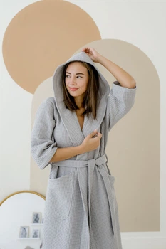 Жіночий Халат вафельний COSY з капюшоном L сірий 201