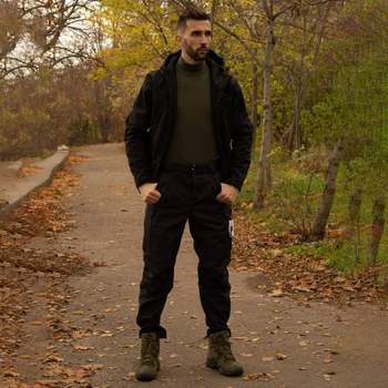 Утепленный мужской Костюм SoftShell на флисе / Комплект Куртка с капюшоном + Брюки черный размер 2XL