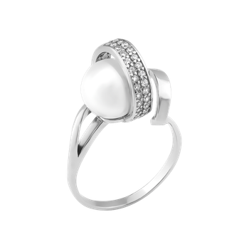 Кольцо серебряное Спираль с жемчугом и белыми фианитами, серебро 925 пробы