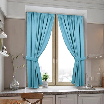 Короткі яскраві однотонні штори для кухні Adagio Windows Decor у розмірах 1,4 х1,7м -2шт, щільні фіранки з підхватами у голубому кольорі