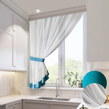 Короткий білий тюль з бірюзовою окантовкою для кухні Adagio Windows Decor у розмірах 2,8 х1,6м, легка кухонна штора з підхватом