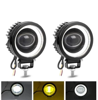 Светодиодная двухцветная противотуманная фара Led балка 9-36V 20W Белый Жёлтый с белым ангельским глазом (01945)