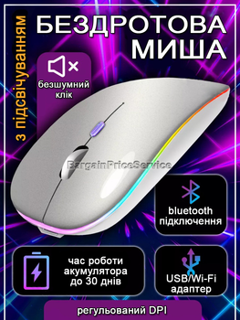 Бесшумная беспроводная мышь аккумуляторная со светодиодной RGB подсветкой Bluetooth + адаптер 2.4 ГГц 3-уровневый DPI BauTech Тихая компьютерная мышка Серебристая