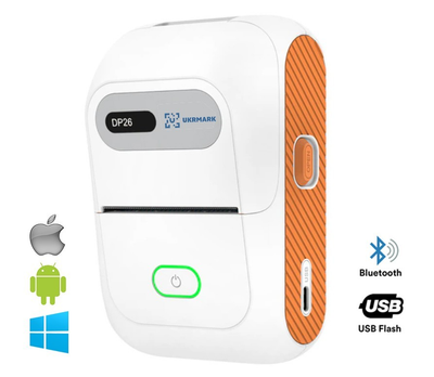 Портативный термопринтер UKRMARK DP26WT Bluetooth, белый, для печати этикеток и чеков