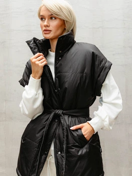 Жилет женский теплый пуховый удлиненный на молнии с поясом Seventeen 2XL-3XL Черный 2088.5478