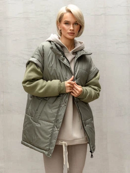 Жилет женский теплый пуховый удлиненный на молнии с поясом Seventeen 2XL-3XL Оливковый 2088-1.5473