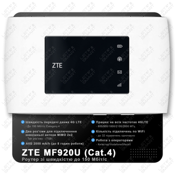 Високошвидкісний маршрутизатор 4G модем/роутер USB WI-FI 3G/4G LTE ZTE MF920U (Cat.4) (Cat.4). Швидкість до 150 Мбіт/с. Акумулятор на 2000 мАг. До 32 користувачів по WiFi одночасно. Працює з операторами Київстар, Vodafone, Lifecell