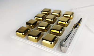 Сталеві кубики для віскі та інших напоїв Moltis Whiskey Stones Gold 12 шт + щипці 10057