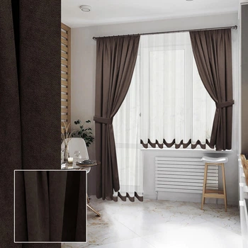 Комплект штор для балкону Adagio Windows Decor коричневі штори з тюлем для кухні під широкий карниз 2,5 -3м