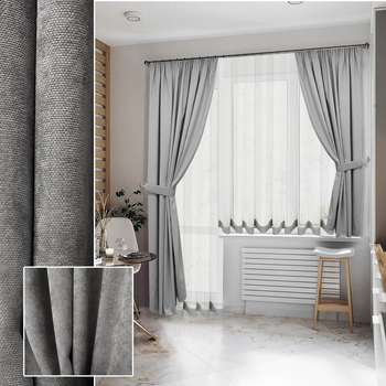 Комплект штор для балкону Adagio Windows Decor сірі штори з тюлем для кухні під широкий карниз 2,5 -3м