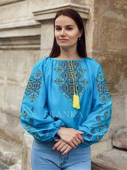 Яркая женская вышиванка голубая на легком шифоне "Марсела" 12144-50 (XL)