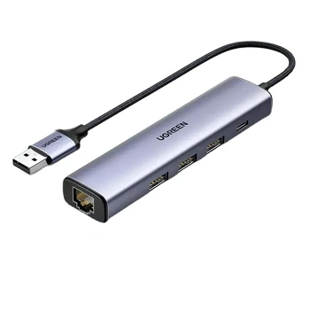 Концентратор Ugreen 60554 Ethernet-адаптер USB3.0 to RJ45 Gigabit Ethernet 3xUSB HUB з додатковим живленням Type-C NEW