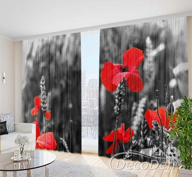Фото Шторы PHOTODECOR "Красные маки на черно-белом фоне"