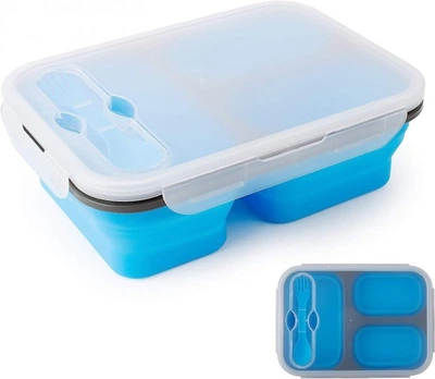 Складний Ланч Бокс на 3 секції із столовим прибором collapsible silicone lunch box Синій