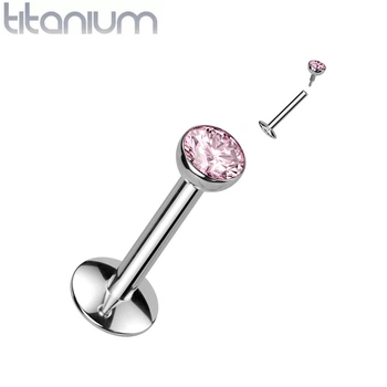 Серьга лабрет из титана для пирсинга уха, губ Spikes TIL03L-16083-P с кристаллом (1.2мм; 8мм; Розовый)