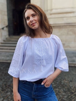 Святкова жіноча вишиванка літня біла по білому "Жасмин" вишита блуза з коротким рукавом 12289-42 (S)