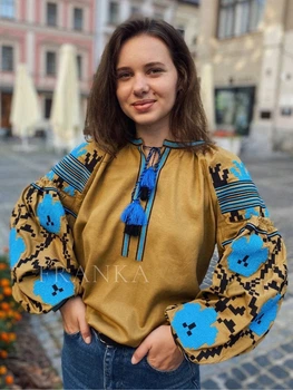 Женская вышиванка в стиле бохо "Джамала" цветочная блуза на льняной ткани цвета хаки 12299-50 (XL)