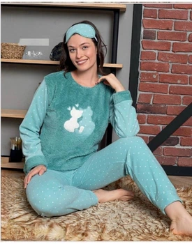 Пижама тёплая женская с длинным рукавом и штанами и повязкой для глаз FAWN 5010k S Бирюзовый