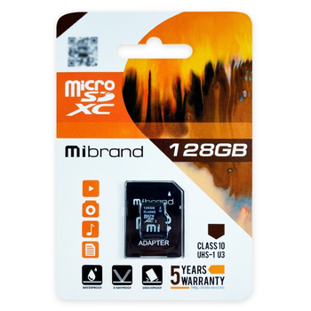 Карта памяти Mibrand microSDXC 128GB Class 10 UHS-I U3 Adapter SD Черная (21-25-MICDHU3/128GB-A-00001)