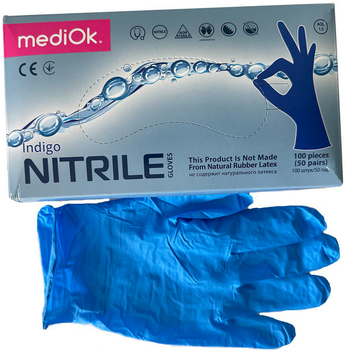 Перчатки нитриловые неопудренные Mediok текстурированные Indigo Размер L 100 шт Темно-синие (6933265558211)