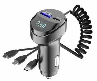 Зарядное устройство от прикуривателя авто Кабель 3 в 1 MicroUSB Type-C Lightning