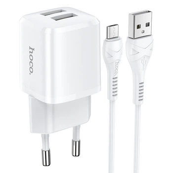 Адаптер сетевой Hoco Micro USB Cable Briar dual Port charger set N8 |2USB, 2.4A| (Safety Certified) белый