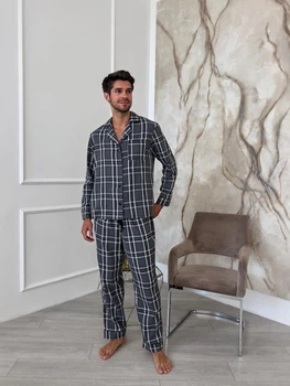 Пижама мужская COSY домашний костюм с фланели (брюки+рубашка) XL клетка серо-черная F671P
