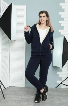 Теплый женский спортивный костюм Fashion на меху 50/52 темно-синий