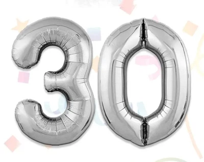 Фольговані цифри 30 срібло повітряні кульки 70 см 32" набір на 30 років