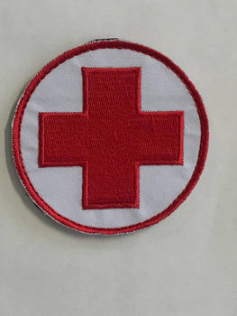 Шеврон, нарукавная эмблема с вышивкой Красный крест на липучке Размер диаметра 75 мм белый