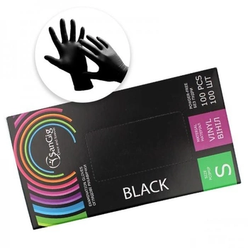 Перчатки виниловые SanGig упаковка 50 пар размер S без пудры плотность 4.7 г черные (2100994250844)
