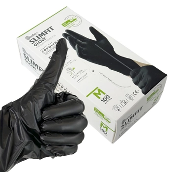 Одноразовые перчатки Slimfit,TPE, черный, M, 100 шт Reflex