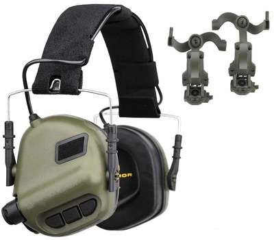Тактичні навушники Earmor М31 + кріплення на шолом OPS Core чебурашка Оливковий (900891) Kali
